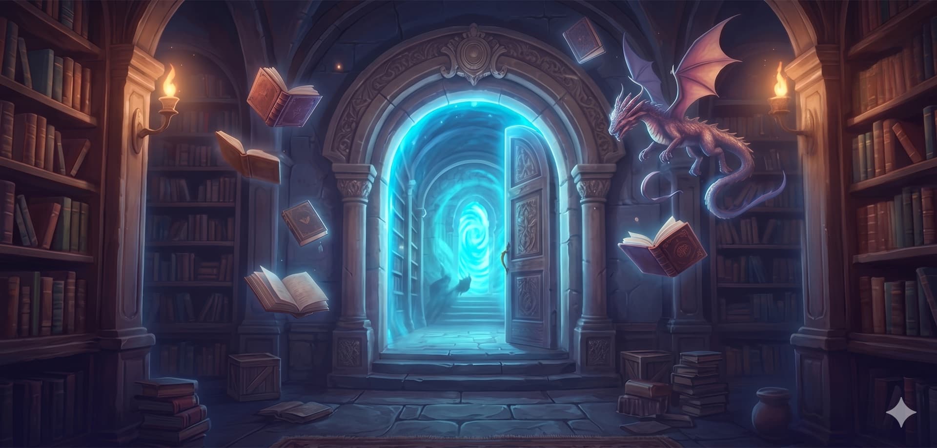 Fantasy library illustration with a glowing magical portal, floating books, and a dragon — the worlds inside IlorisNovel's web fiction.